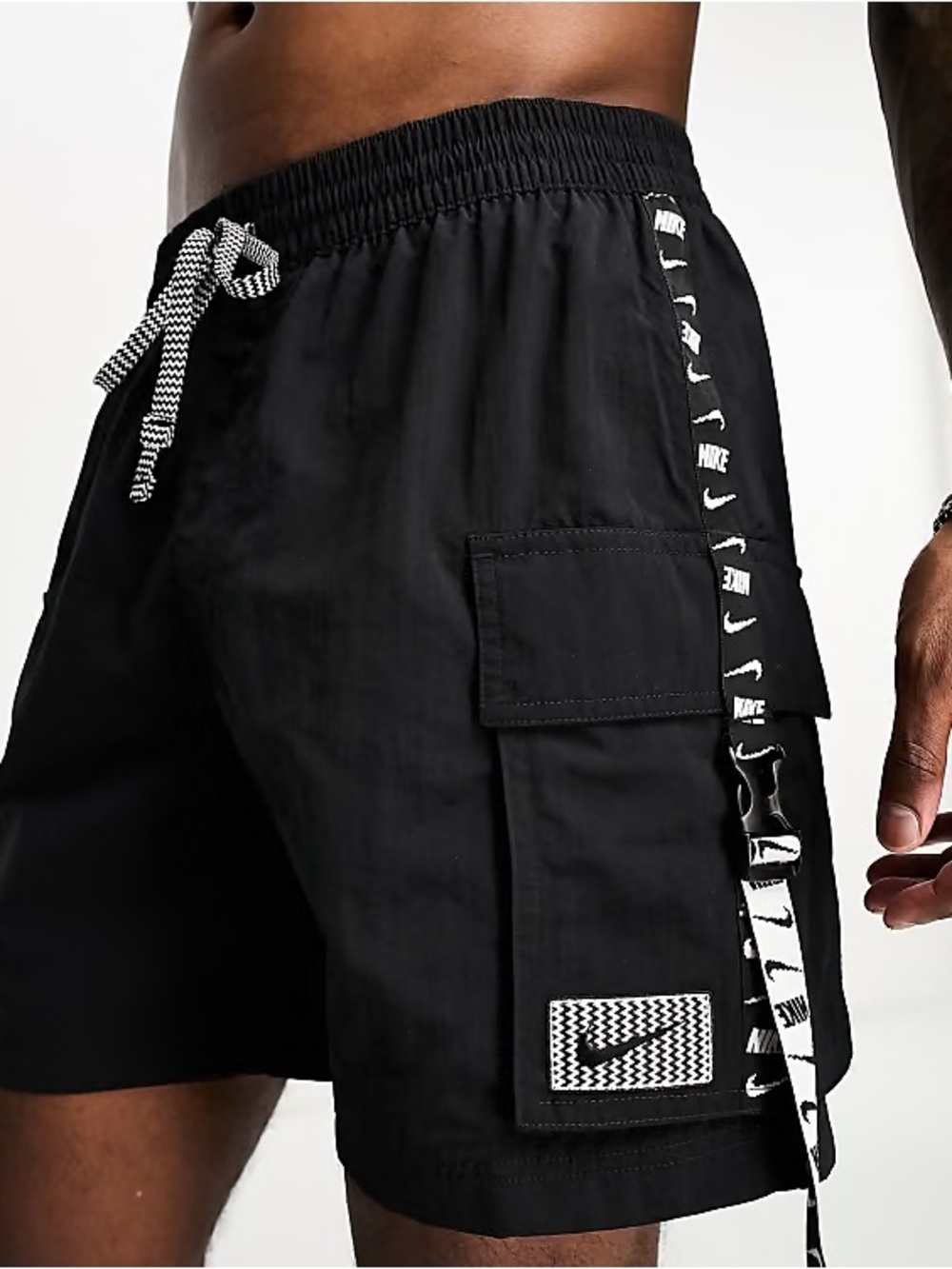 Nike - Black and White Swim Logo Tape Cargo Swim Trunks